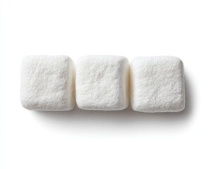 Three square white confections, arranged horizontally on a plain white background