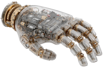Intricate robotic hand showcasing advanced mechanical engineering design on transparent background