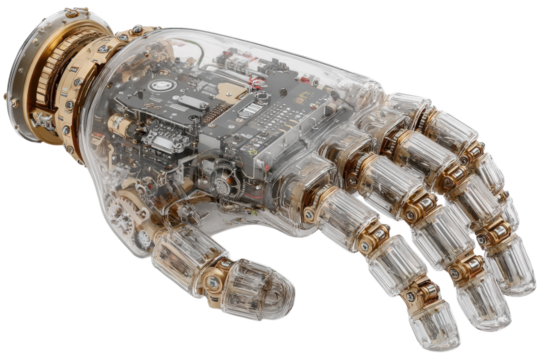 Intricate robotic hand showcasing advanced mechanical engineering design on transparent background