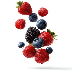 Assorted fresh berries in mid-air, glistening with water droplets, against a plain white background