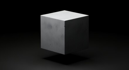 Minimalist Concrete Cube Floating in Black Background with Dramatic Lighting