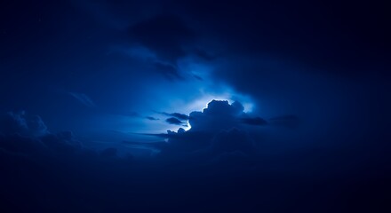 Dark Blue Stormy Night Sky with Bright Lightning and Clouds