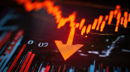 Macro shot of curved glass monitor with glowing downward arrow graph and faint stock chart overlays representing market collapse