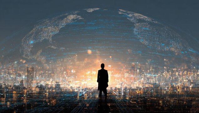 Silhouette of a person standing on a cityscape with a digital globe, suggesting global reach and leadership