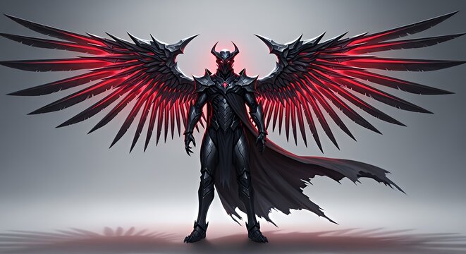 Dark Demon Winged Warrior Character with Red and Black Armor in Fantasy Style
