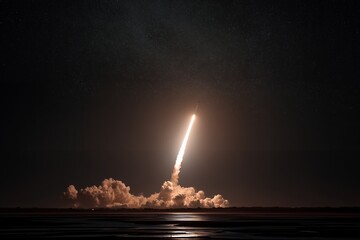 Obraz premium Dramatic rocket launch streaks across the night sky, illuminating clouds and water below. Concept for space exploration, scientific advancement and technological innovation