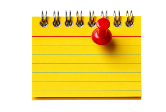 A red pushpin on a yellow lined notepad, isolated on a transparent background