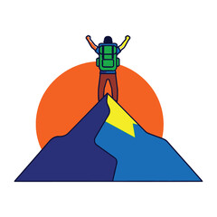 Triumphant Climber on the Peak: A silhouetted figure stands atop a mountain summit, arms raised in triumph against a vibrant sun, illustrating the pinnacle of achievement in a colorful.
