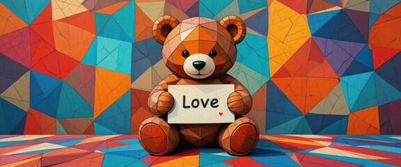  Modern geometric style illustration of a bear holding a message on a vibrant patterned background.