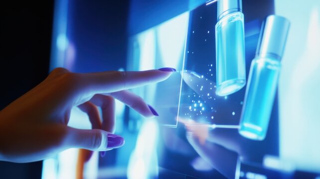Woman's hand, futuristic holographic beauty shopping screen, selecting premium skincare product, glowing digital interface, AI-powered recommendations, virtual try-on technology shopping experience.