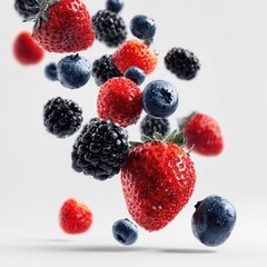 Fresh berries in mid-air, vibrant red and blue