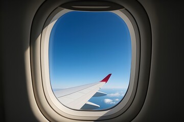 Airplane Window View of Clear Blue Sky and Clouds | Travel Background with Copy Space

