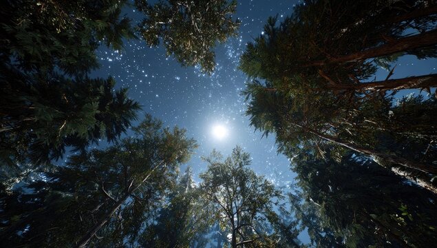 Night forest, looking up at stars and moon