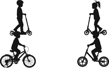 Obraz premium Silhouette vector of children riding bicycles and scooters, demonstrating fun outdoor activities, childhood balance training, playtime, and healthy development.