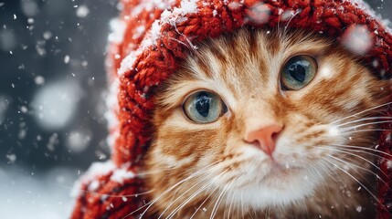 Cat with orange fur wearing a red knit hat enjoys snowfall in cozy winter settings