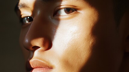 Flawless glowing male Asian skin, extreme close-up, natural highlights, zero retouching, smooth healthy texture, premium skincare results, authentic masculinity, skincare concept, portrait