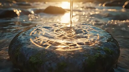 Sacred Rune Stone with Glowing Symbols in Flowing Water at Sunrise. - Powered by Adobe