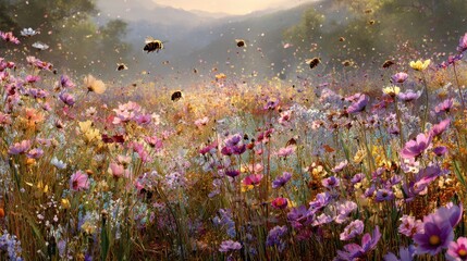 Vibrant wildflowers bloom in a serene meadow attracting buzzing bees at sunset