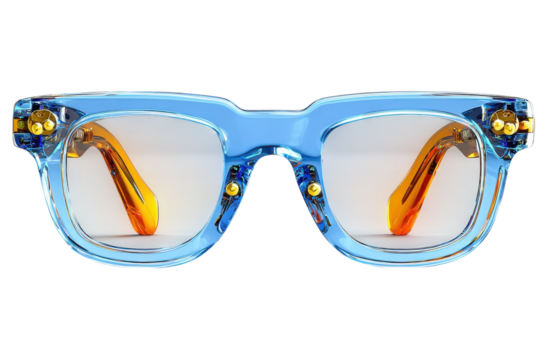 Stylish designer eyeglasses with a unique blue frame and orange temples on transparent background