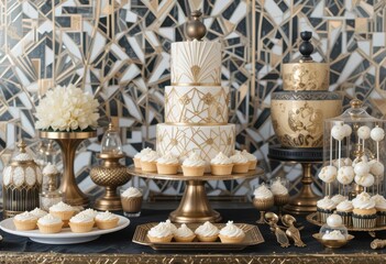  Roaring Twenties Sweets Geometric Cookies, Fan Tarts, Gold Leaf Cakes, Layered Cupcakes Pearl Cakepops, Art Deco Design