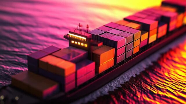 Freight cargo ship container vessel navigating ocean under colorful evening light &ndash; Video 4K UHD 60fps