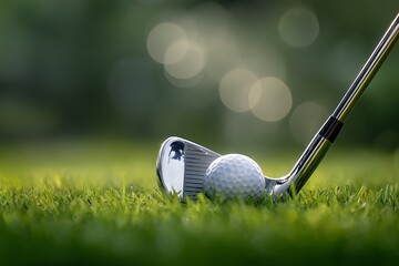 Close-up of a golf club and ball resting on lush green grass with blurred background, concept for sports equipment advertising, golfing tutorials and outdoor recreational activities