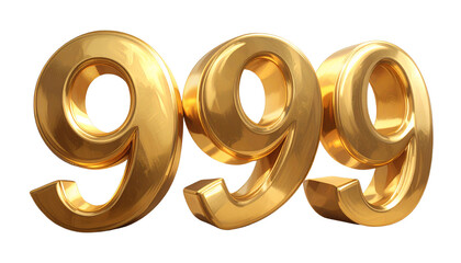 Shiny 999 Gold 3D Number for Achievement, isolated on a transparent background PNG