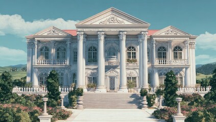 Obraz premium Grand, white mansion with columns and ornate details. Spacious front steps lead to the entrance. Gardens surround the structure. Sunny day
