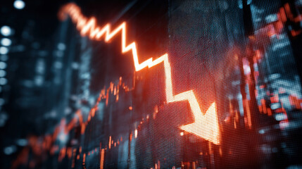 Macro shot of curved glass monitor with glowing downward arrow graph and faint stock chart overlays representing market collapse