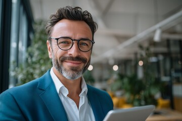 Smiling mature man with glasses and beard holds a tablet in modern office setting. Concept for professional consulting, financial advising and technology integration