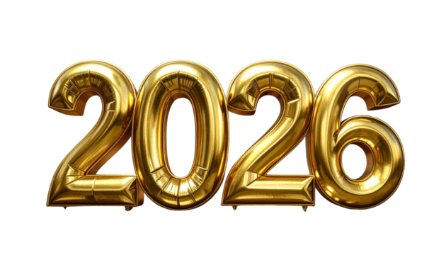  Happy New Year 2026 3D Gold Numbers, isolated on a transparent background PNG