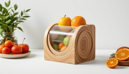 ultra sharp isolated fruit wrap dispenser made of pine resin bio composite, detailed with flowing water inspired curves, offering durable and lightweight structure