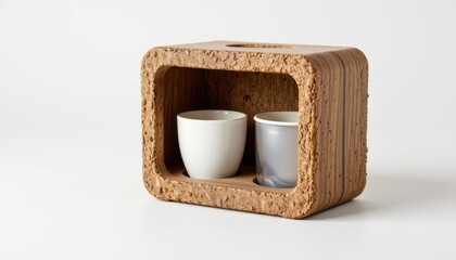 ultra sharp isolated cup holder dispenser made of hemp based composite, detailed with organic rough surface, offering transparent bio film window