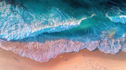 Waves crashing on sandy beach with seagulls at sunset along the coastline