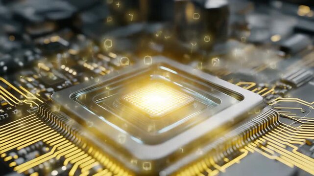 A computer chip is lit up with a yellow light. The chip is on a circuit board. Closeup realistic AI lab with glowing chip embedded in mechanical device, superintelligence labs editorial