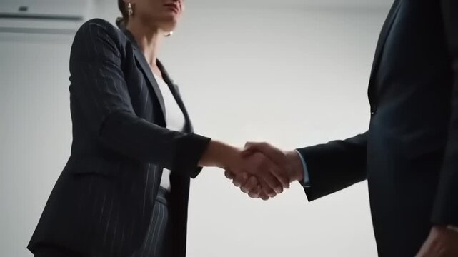 Business professionals shaking hands in a modern office setting, symbolizing partnership and collaboration