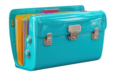 Stylish turquoise file organizer with colorful folders for office documents on transparent background