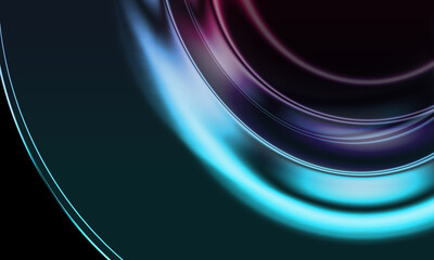 Abstract 3D render of futuristic glass waves with vibrant blue and purple neon light on a dark background.
