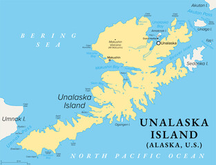Unalaska Island, Alaska, United States, political map. Part of the Fox Islands of the Aleutian Islands. Unalaska covers part of the island and neighboring Amaknak Island where Dutch Harbor is located. © Peter Hermes Furian