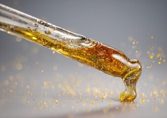 Golden serum dripping from a glass pipette.  A close-up view of a  amber-colored serum.  Tiny gold particles within