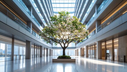 Sunlight illuminates a central blossoming tree, symbolizing green initiatives within a modern, spacious office building atrium