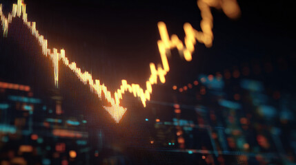 Macro shot of curved glass monitor with glowing downward arrow graph and faint stock chart overlays representing market collapse