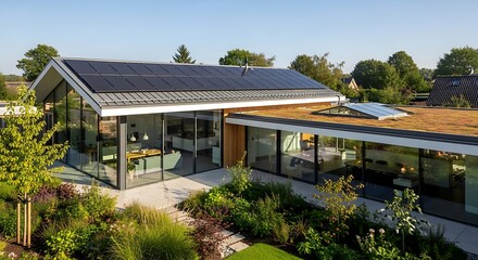 Modern Eco-Friendly House with Solar Panels and Green Roof.