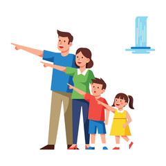 Family Adventure: A vibrant illustration captures a family of four, eyes set on a distant adventure, with a tranquil waterfall forming the scenic backdrop.