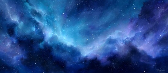 Obraz premium Digital illustration of a vibrant blue nebula with bright starlight and hazy clouds, concept for cosmic exploration, science fiction and background design