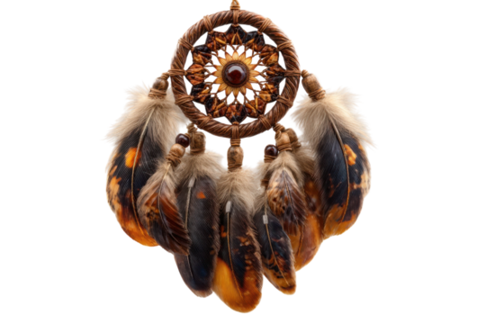 Beautiful dreamcatcher with feathers and beads on transparent background
