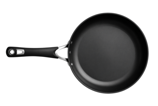 A black nonstick frying pan with a black handle, isolated on a transparent background