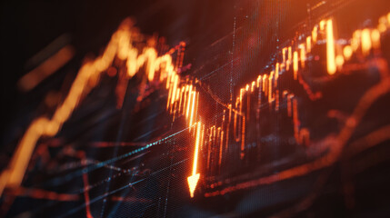 Macro shot of curved glass monitor with glowing downward arrow graph and faint stock chart overlays representing market collapse