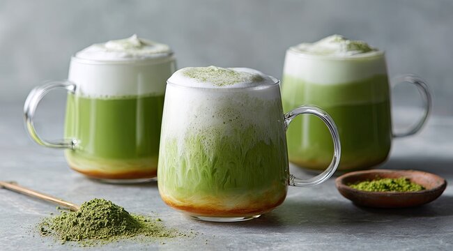 Three glasses of matcha latte with whipped cream