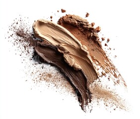 Cream and powder makeup swatches in various shades of beige and brown, scattered on white background